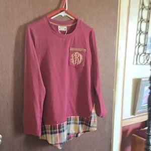 Mauve Pullover Sweatshirt with Plaid Hem and Monogram Pocket